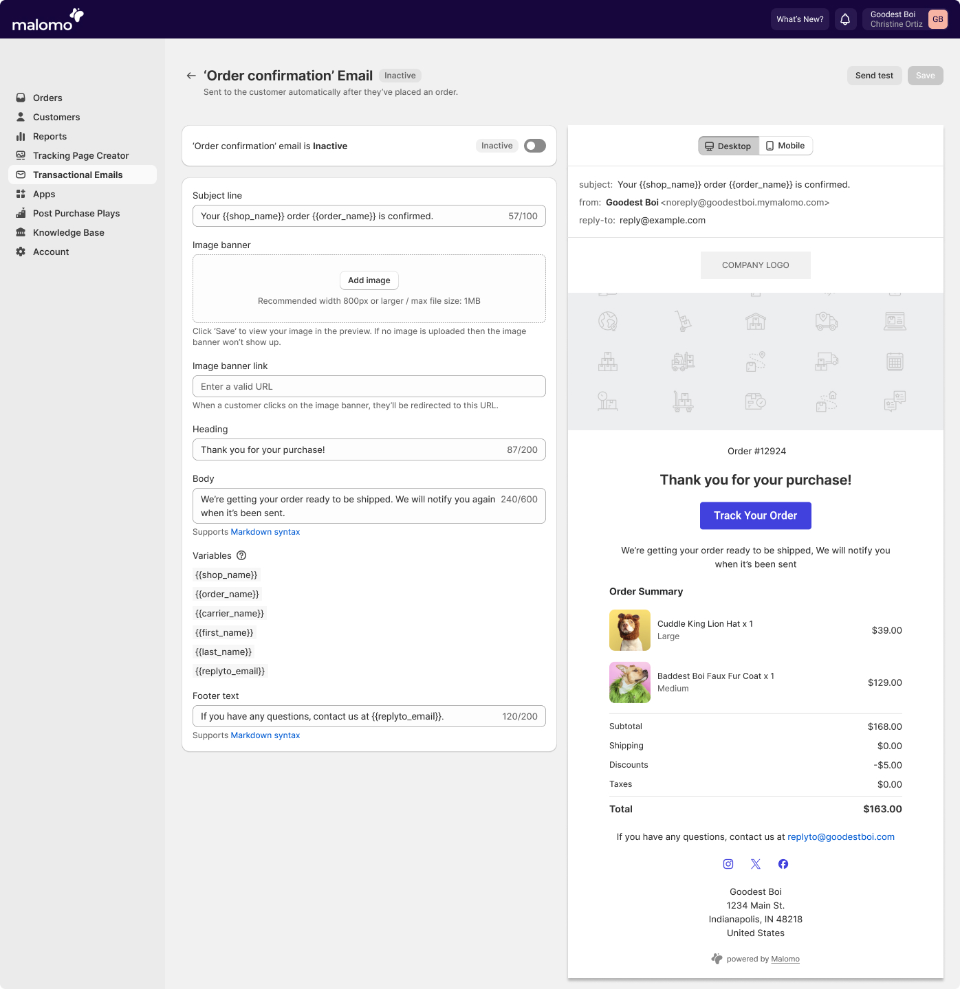 Order Confirmation Email